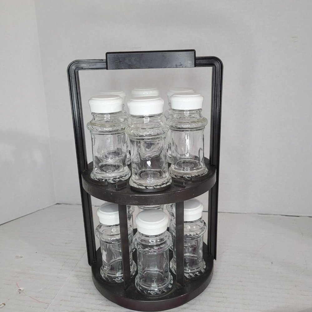 Vtg Brown Plastic Spice Rack MCM Under Cabinet Spinning Spice Set with 12 Jars